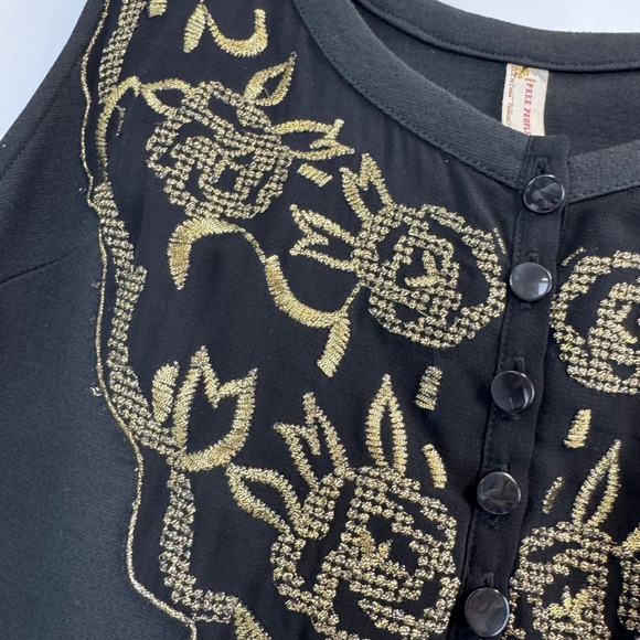 Free People Black Gold Embroidered Sleeveless Mini Dress Size 4 Floral Cutout - Picture 9 of 14